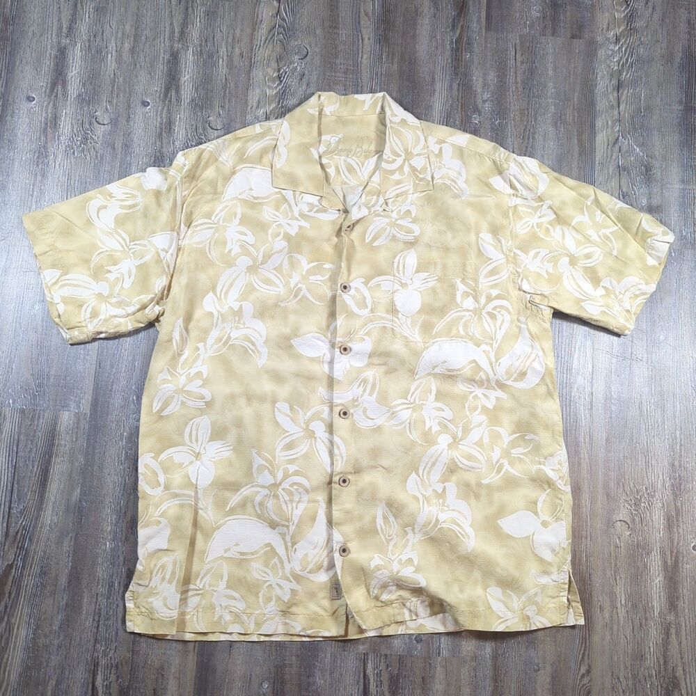 Tommy Bahama 100% Silk Yellow Floral Short Sleeve Button-Front Shirt Men's Large